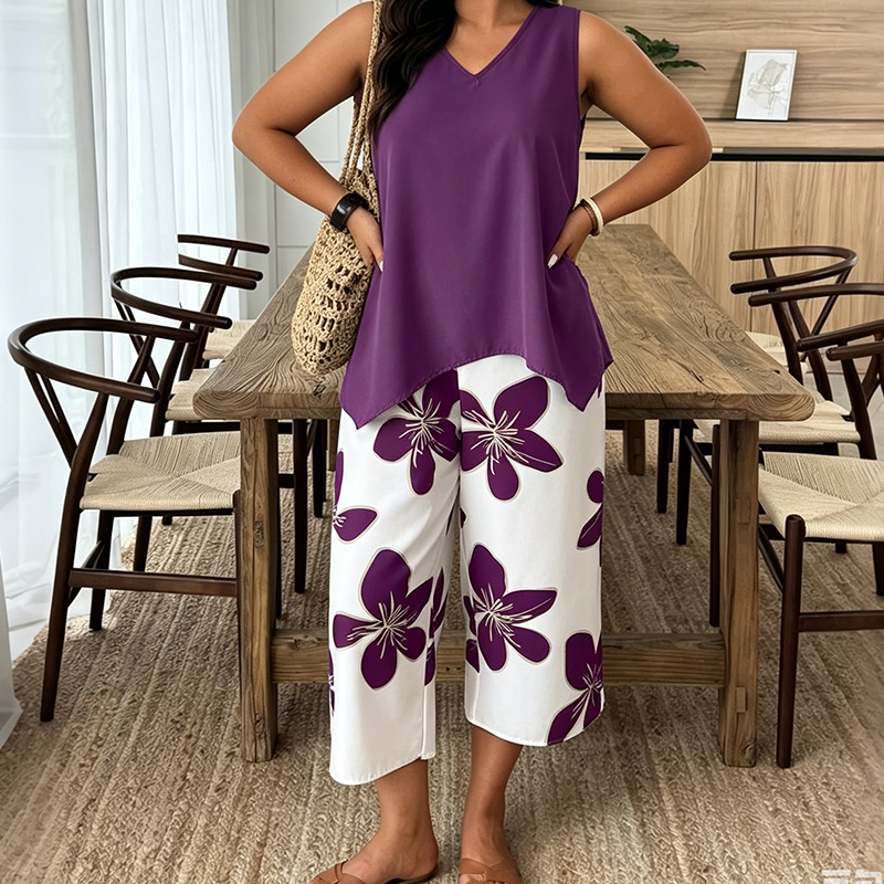 Marissa - Sæt med asymmetrisk soft-touch top og blomstrede capribukser
