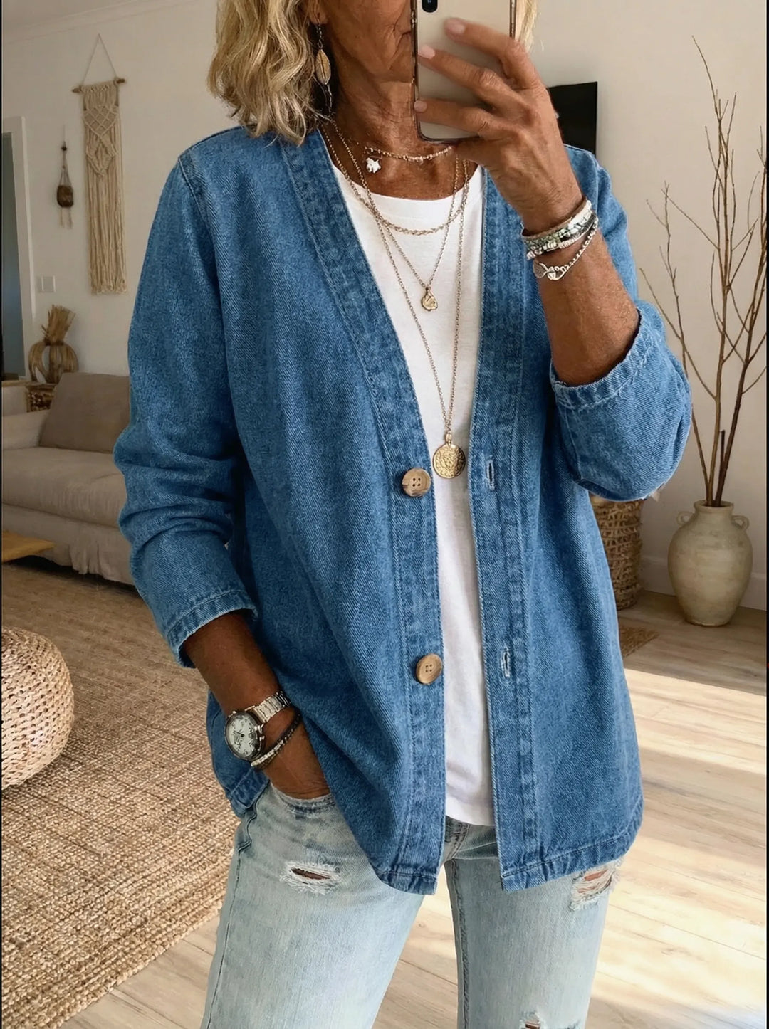 Shiloh - Letvægts cardigan i denim med knaplukning