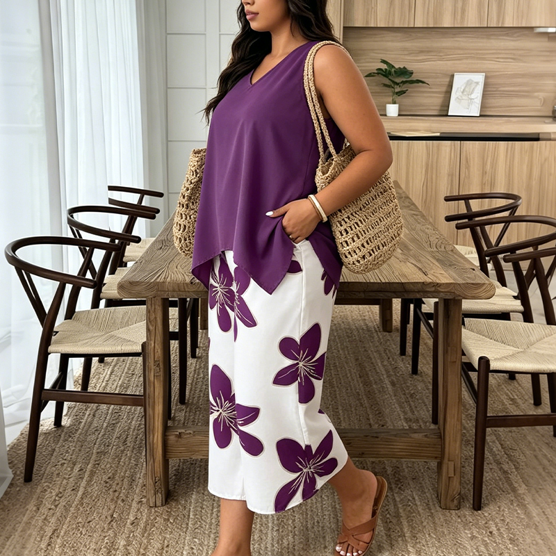 Marissa - Sæt med asymmetrisk soft-touch top og blomstrede capribukser