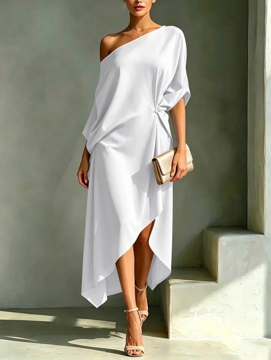 Andrea - Draperet asymmetrisk one-shoulder midikjole
